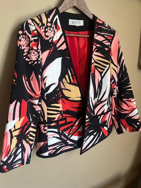 Kasper Black Floral-Print Open Front Blazer with Coral & White Accents - Picture 3 of 5